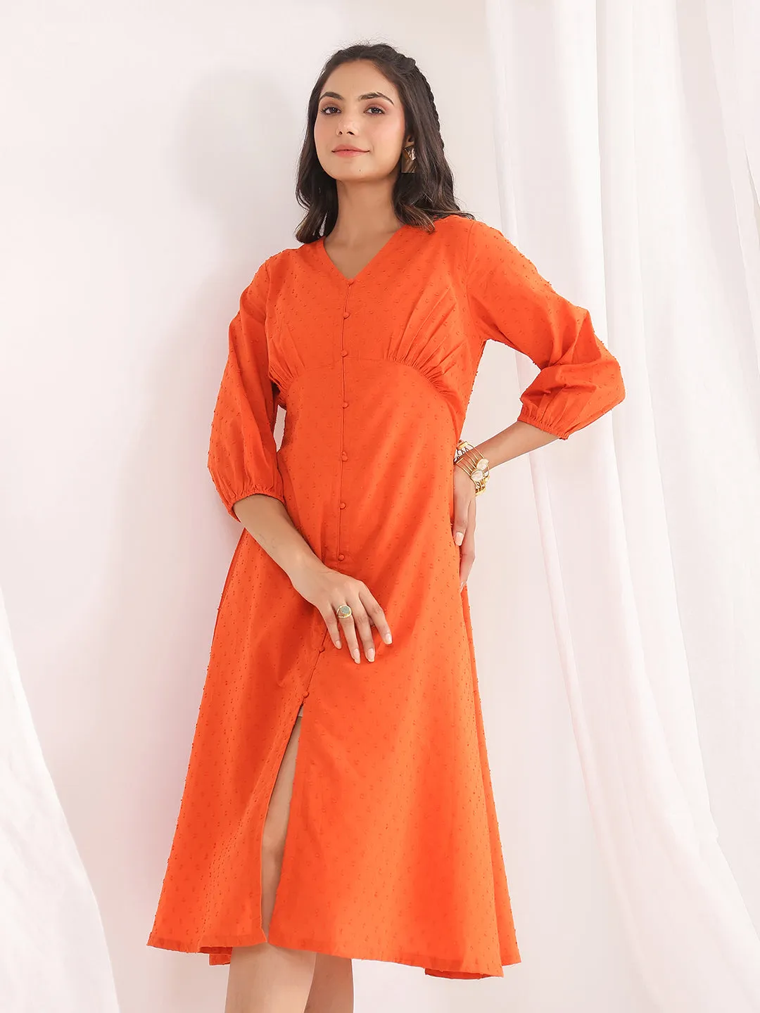 Orange Dobby Cotton Woven Design Dress