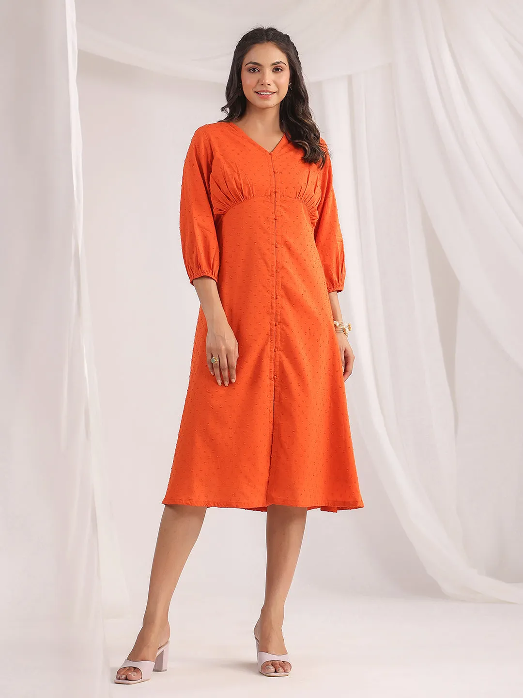 Orange Dobby Cotton Woven Design Dress