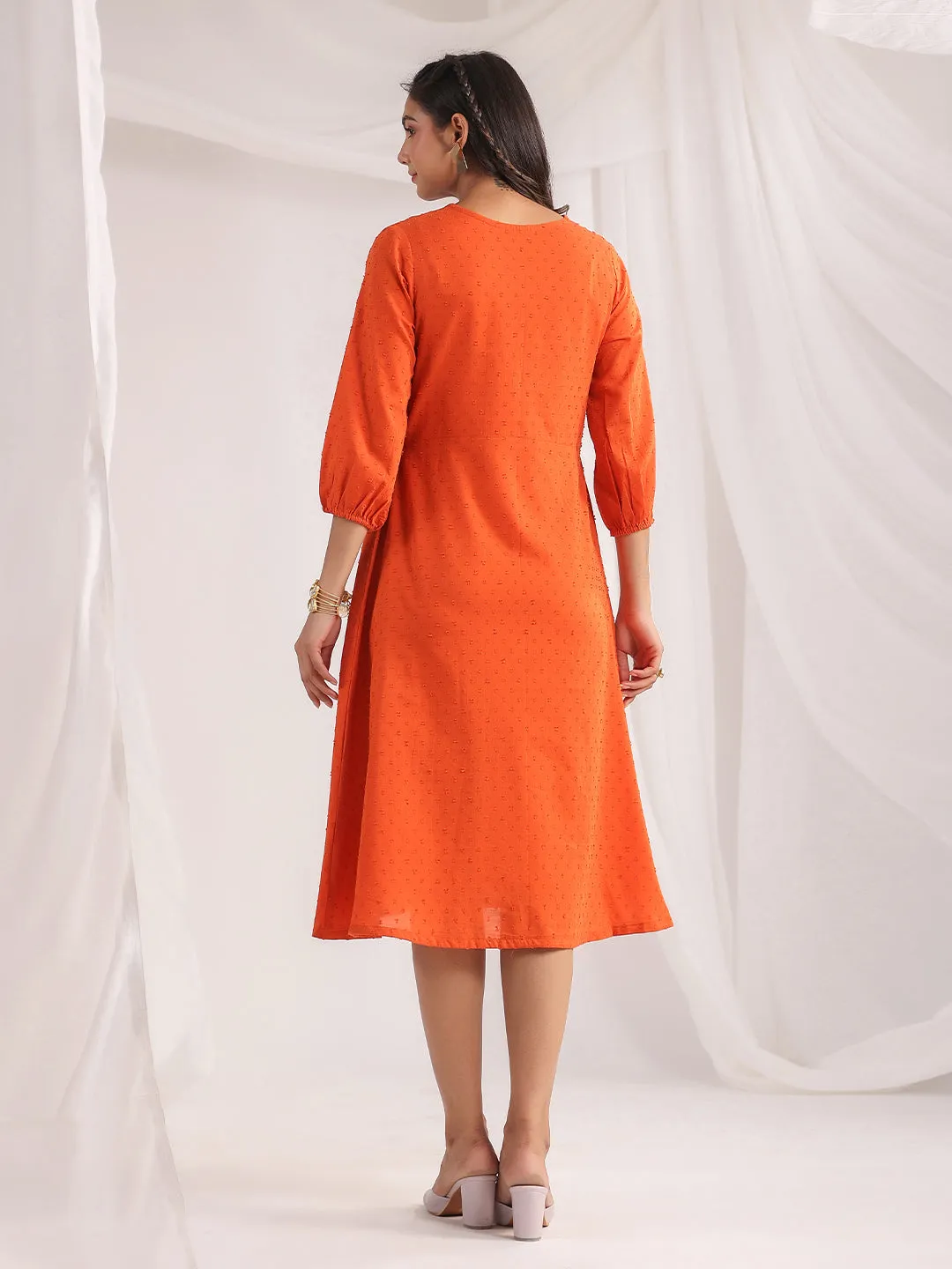 Orange Dobby Cotton Woven Design Dress