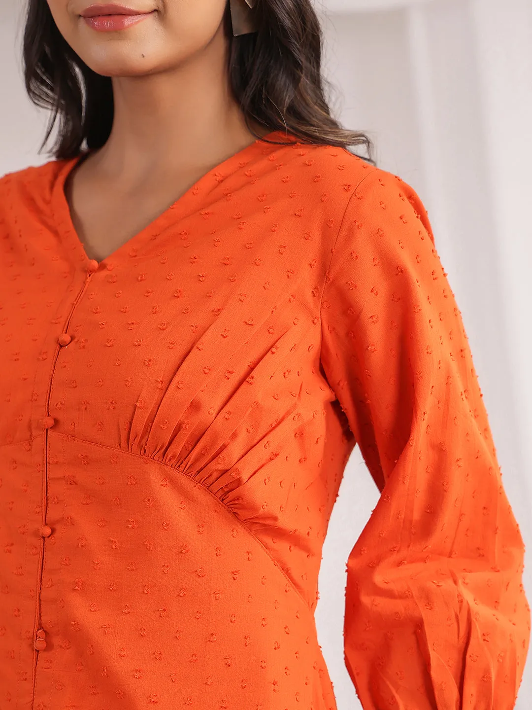 Orange Dobby Cotton Woven Design Dress