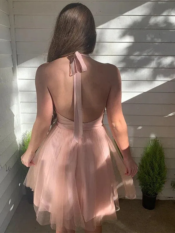 Pink A-line Tulle Halter Backless Homecoming Dresses, Short Prom Dresses, SH626