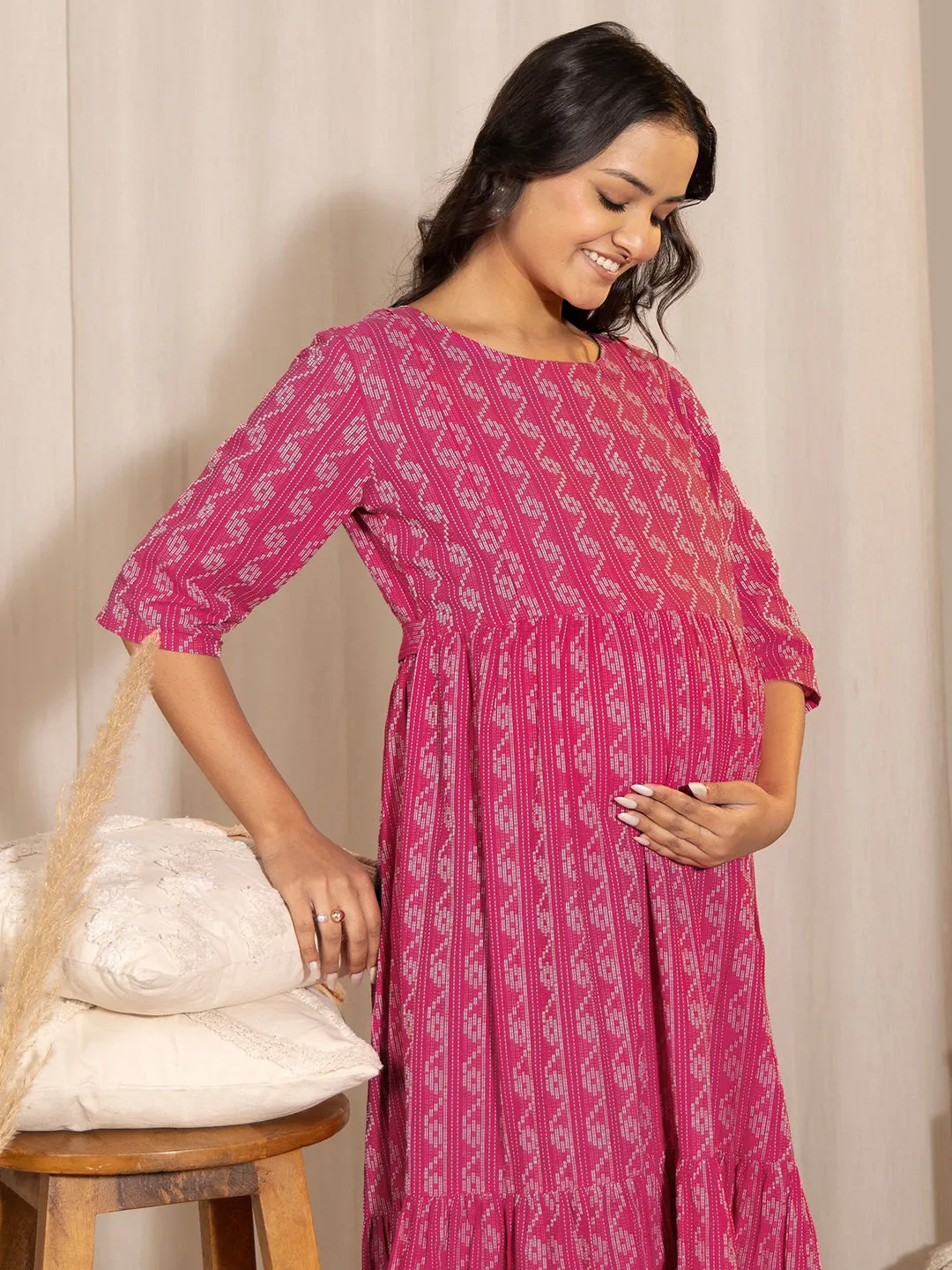 Pink Cotton Tiered Maternity Dress