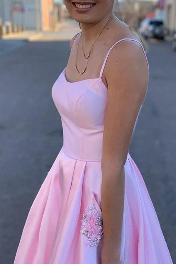 Pink Satin A-line Spaghetti Straps Prom Dresses, Party Dress With Pocket, SP739