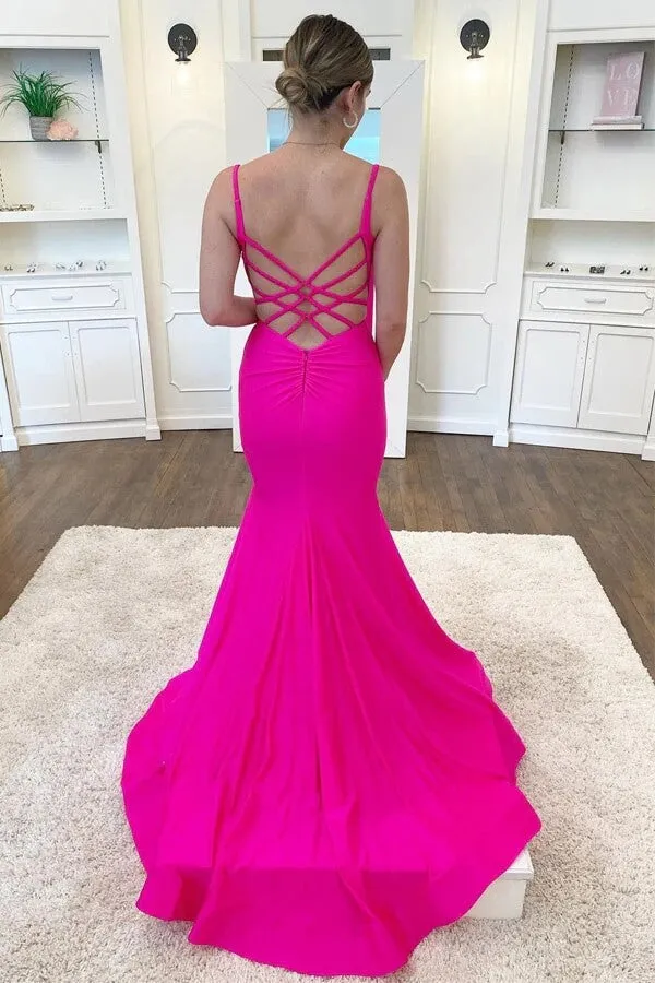 Pink Satin Mermaid V-neck Simple Prom Dresses, Long Formal Dresses, SP947