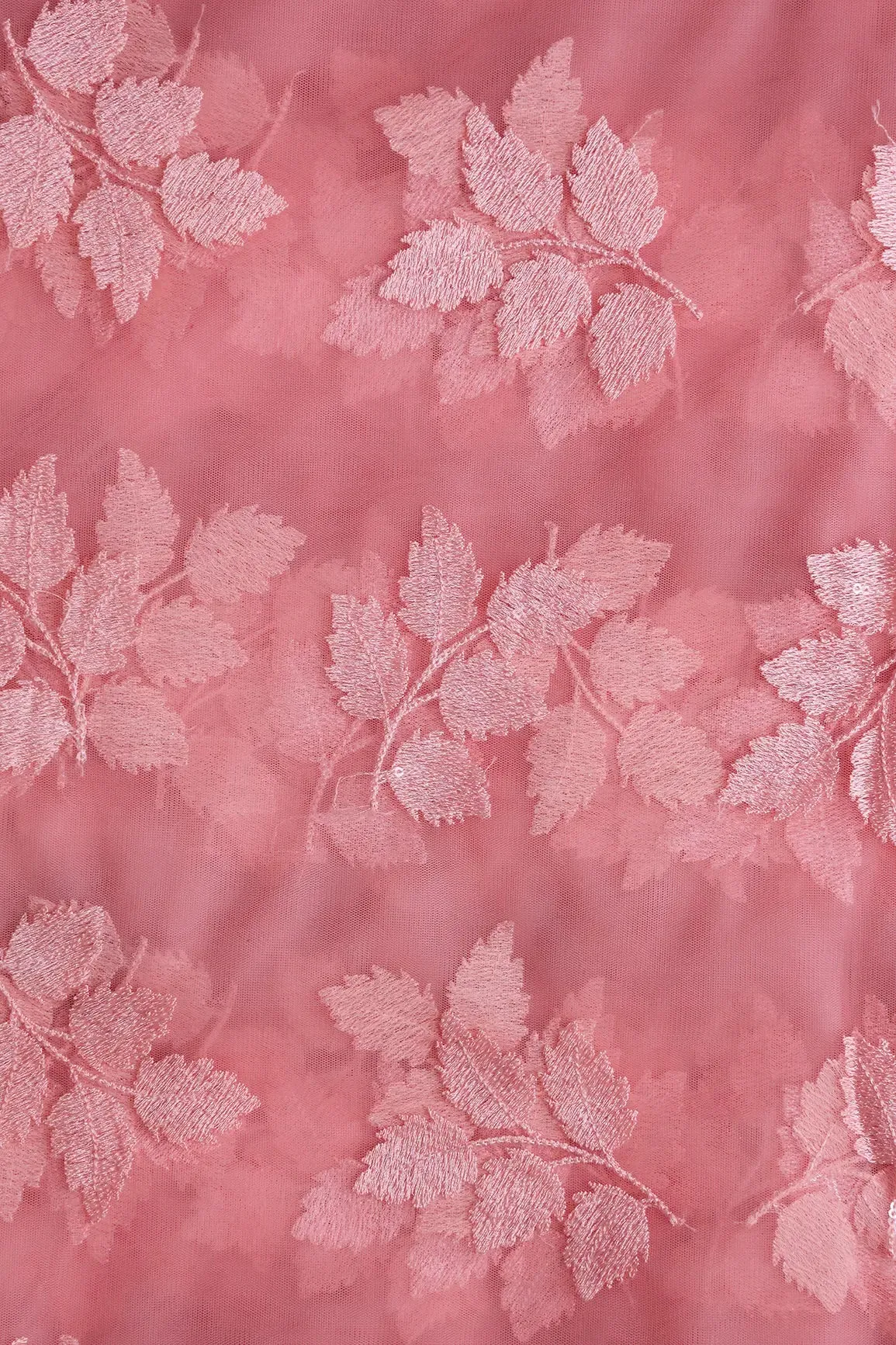 Pink Thread With Sequins Leafy Embroidery Work On Salmon Pink Soft Net Fabric