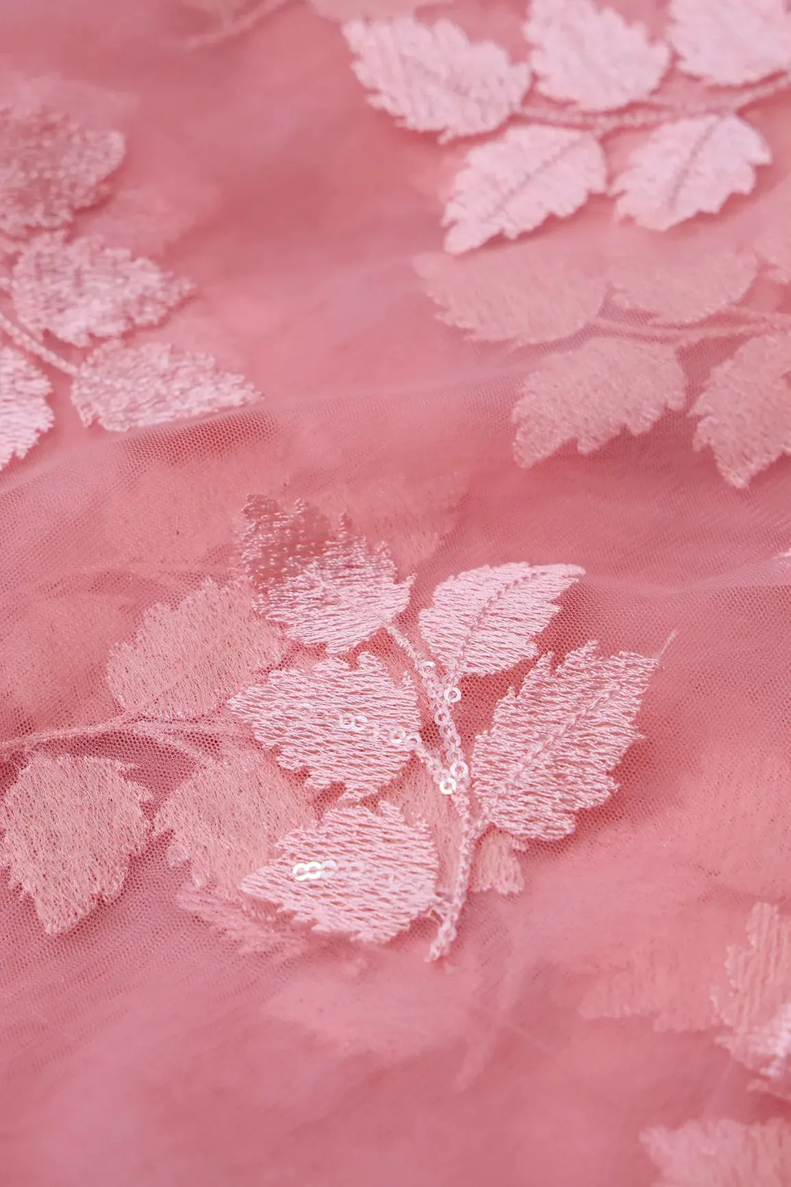 Pink Thread With Sequins Leafy Embroidery Work On Salmon Pink Soft Net Fabric