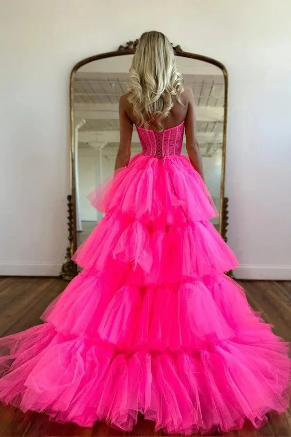 Pink Tiered Tulle High Low Sweetheart Neck Long Prom Dress, Party Dress, SP929