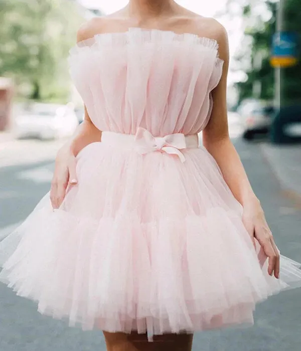 Pink Tulle Strapless Short Homecoming Dress, Princess School Party Dresses, SH578