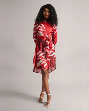 Red Satin Botanic Print Full Sleeves Mini Shirt Dress