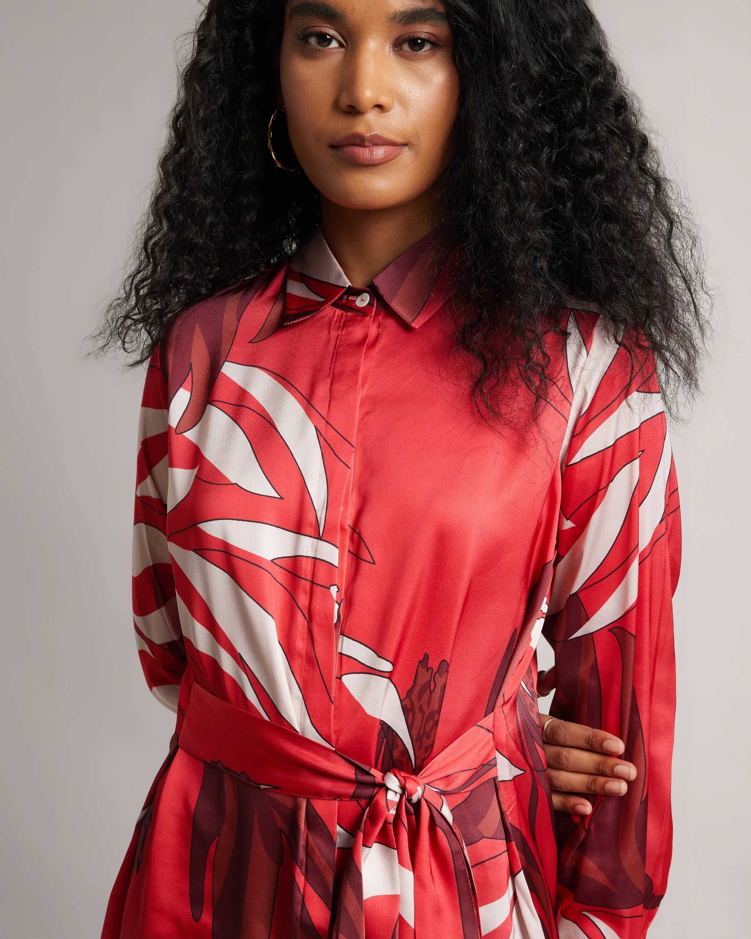 Red Satin Botanic Print Full Sleeves Mini Shirt Dress