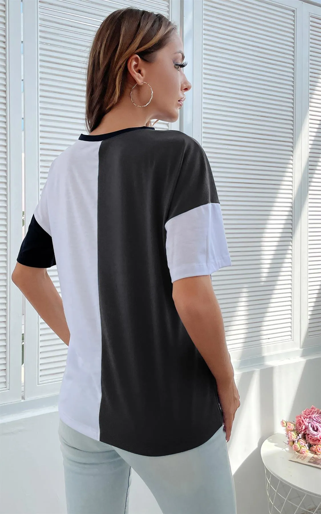 Relaxed Black Striped & White Colour Block Simple Style T Shirt Top In Charcoal Grey