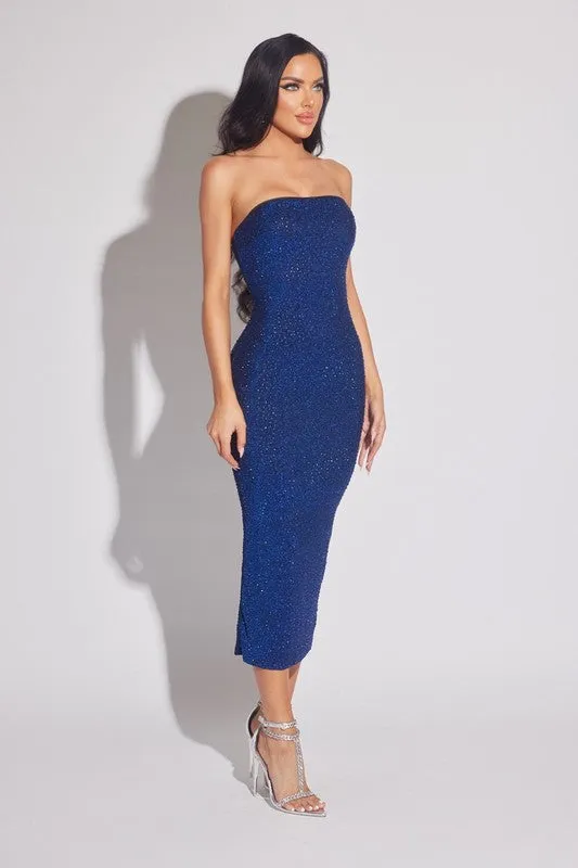 Royal Metallic Rhinestone Midi Party Dress