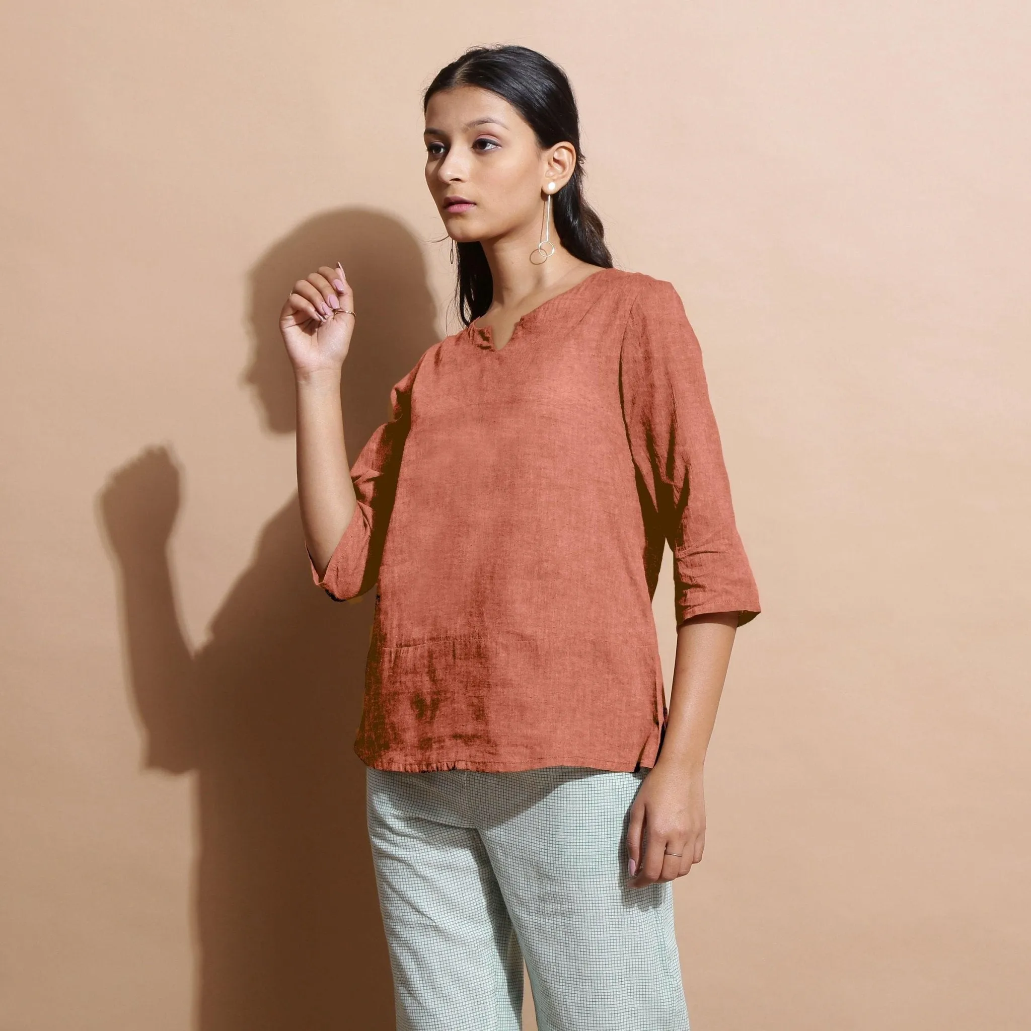 Rust Sandstone 100% Linen Split-Neck Tunic Top