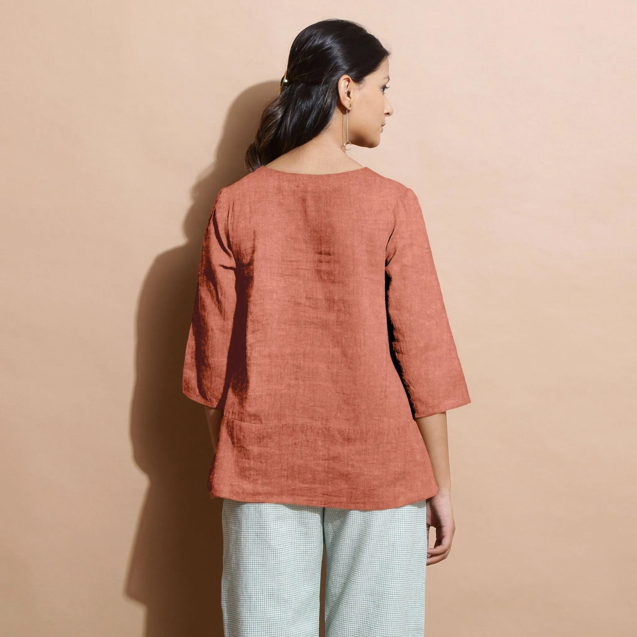 Rust Sandstone 100% Linen Split-Neck Tunic Top