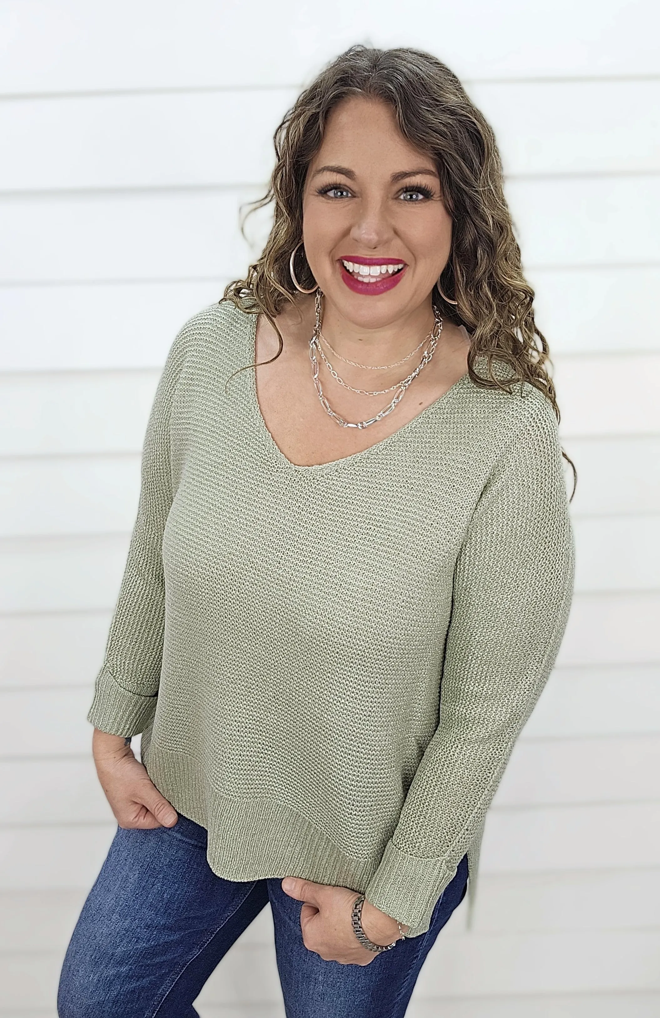 SAGE V NECK SLOUCH SWEATER W/ ROLLED SLEEVE