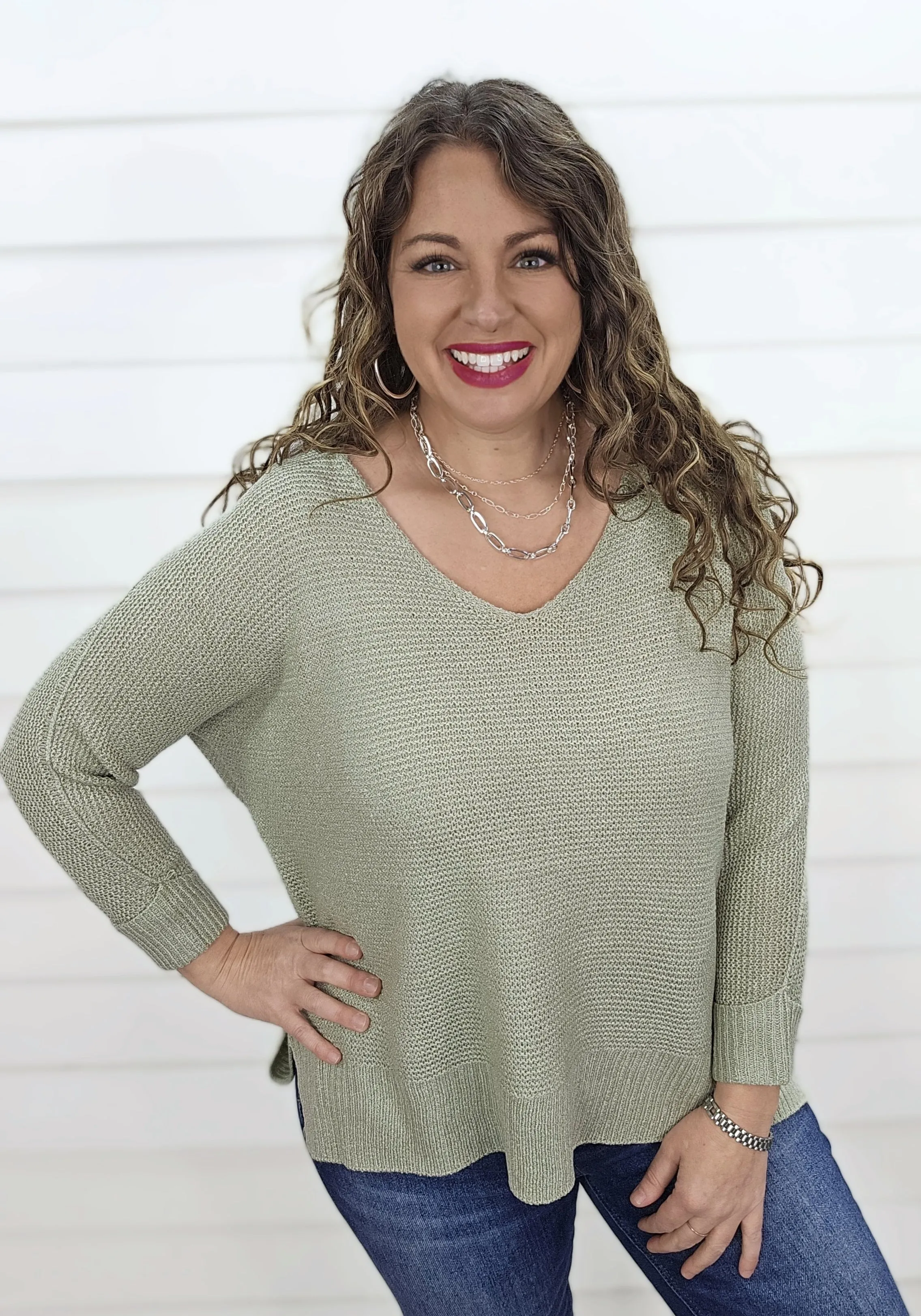 SAGE V NECK SLOUCH SWEATER W/ ROLLED SLEEVE