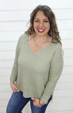 SAGE V NECK SLOUCH SWEATER W/ ROLLED SLEEVE