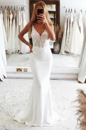 Satin Mermaid V-neck Spaghetti Straps Wedding Dresses With Court Train, SW693