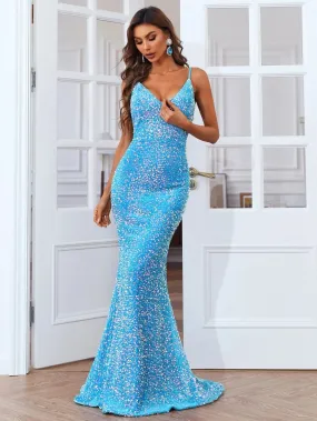 Sequin Formal Spaghetti Blue Maxi Dress XH1604