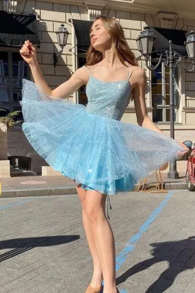 Shiny Sky Blue Tulle Sequins Homecoming Dresses, Short Prom Dresses, SH614