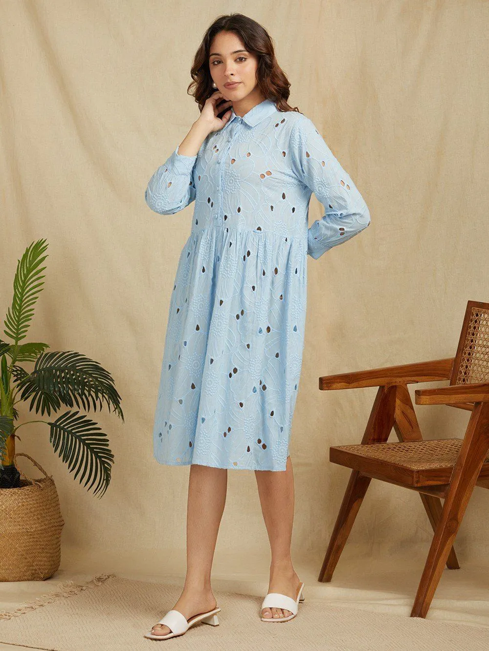 Sky Blue 100% Cotton Embroidered Schiffli Shirt Dress