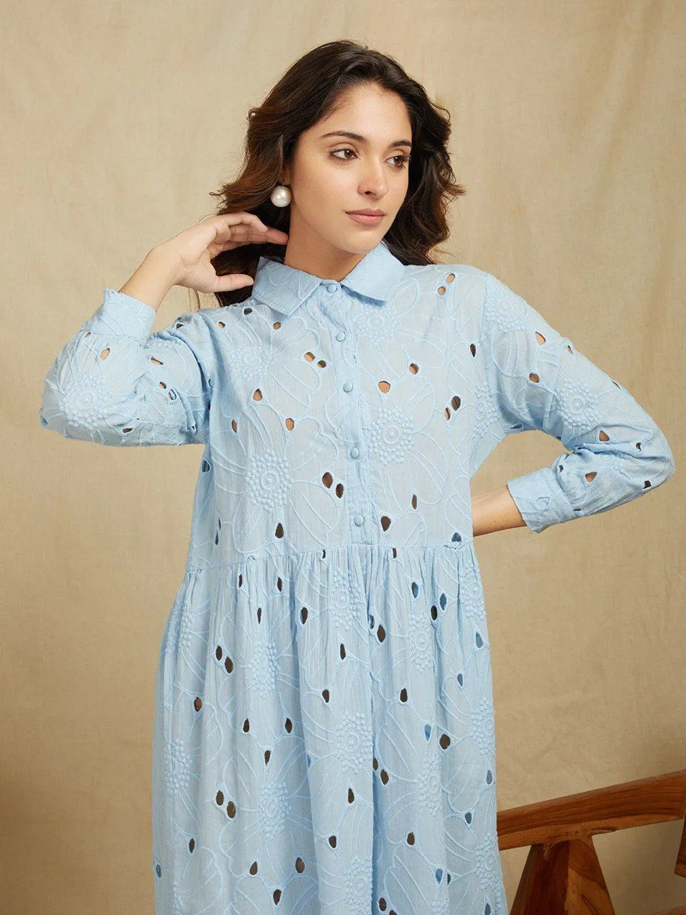 Sky Blue 100% Cotton Embroidered Schiffli Shirt Dress