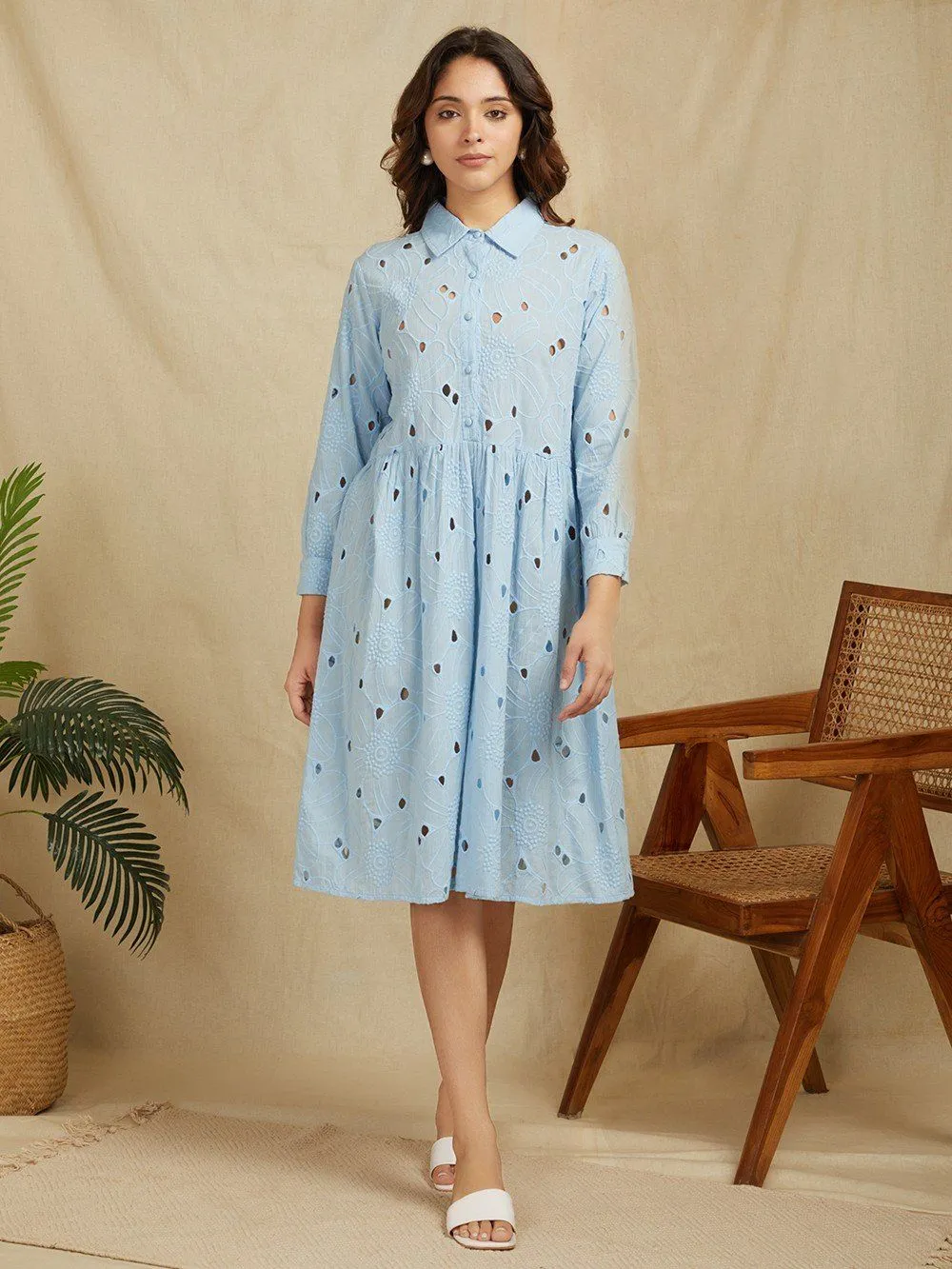 Sky Blue 100% Cotton Embroidered Schiffli Shirt Dress