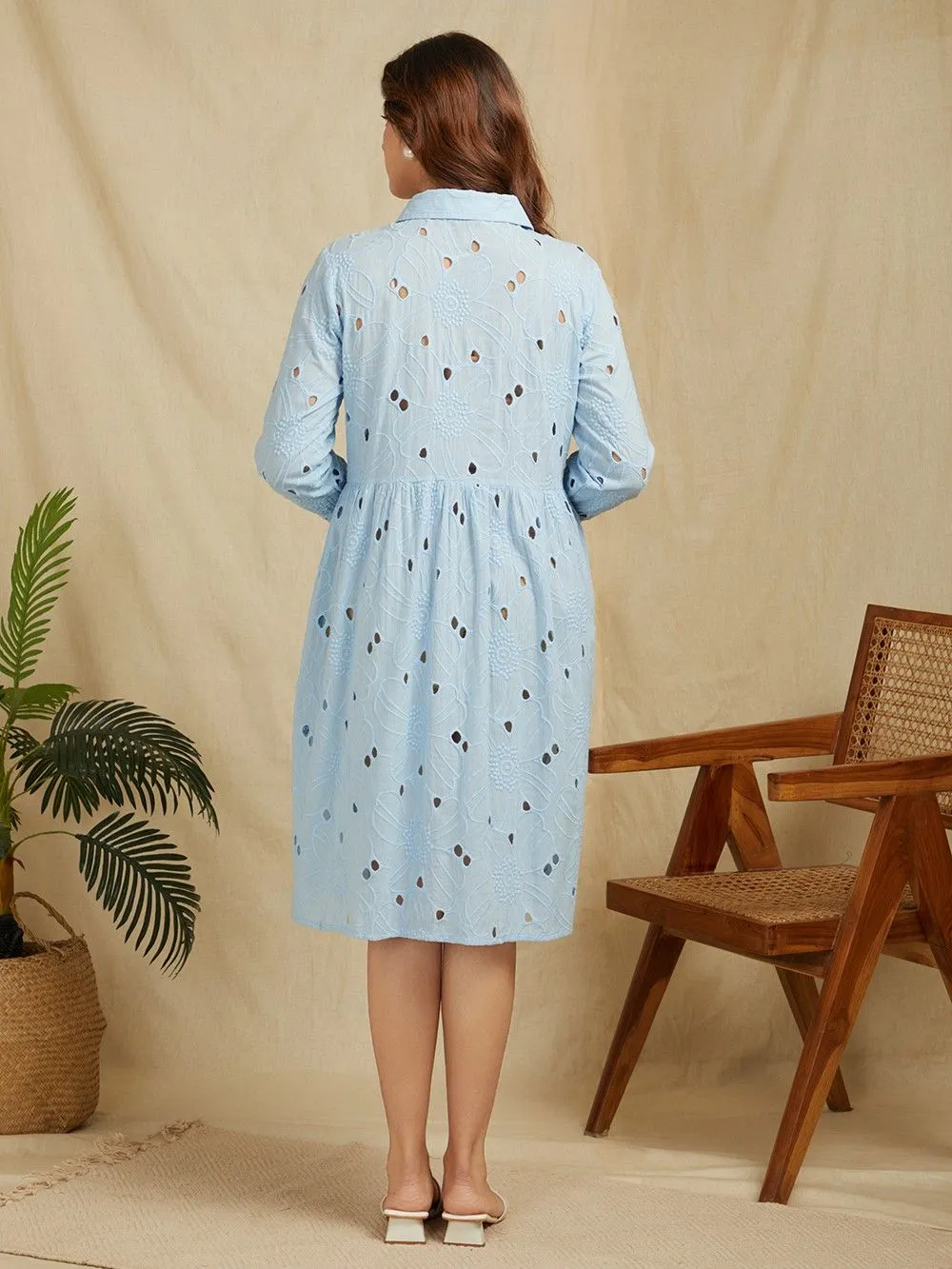 Sky Blue 100% Cotton Embroidered Schiffli Shirt Dress