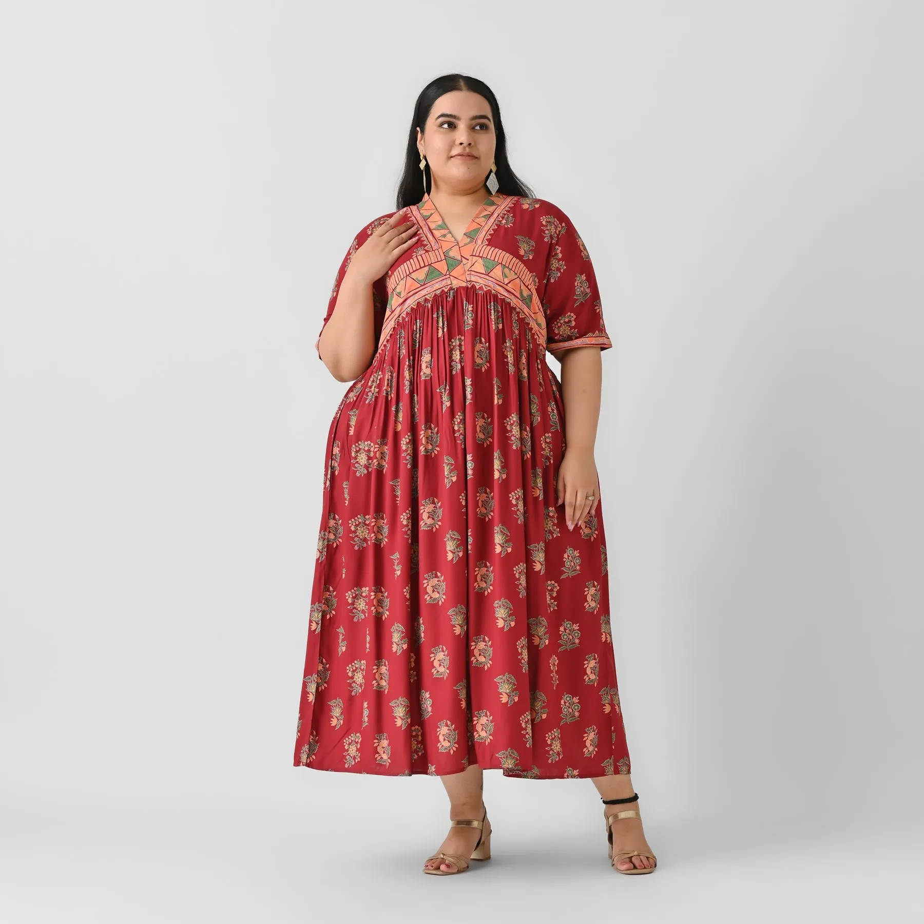 Slash Maroon Rayon V-Neck Gathered Maxi Dress (Plus)