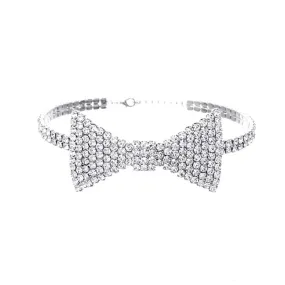 Sparkly Crystal Embellished Bow Detail Choker Necklace - Silver