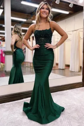 Stretchy Satin Mermaid Spaghetti Straps Lace Appliques Prom Dresses, SP978