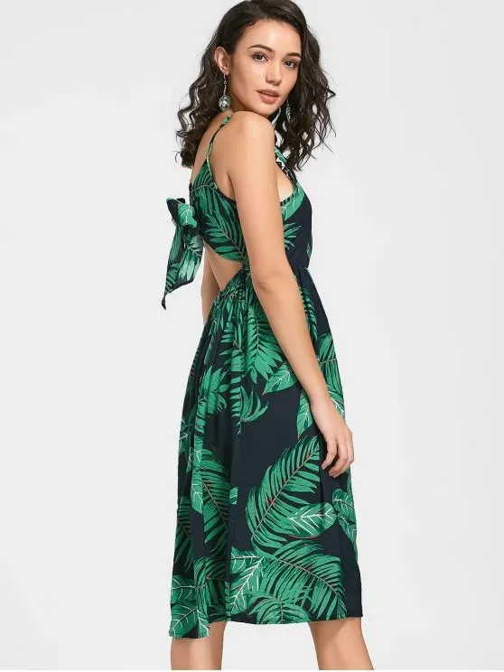 TastyHottie - Trendy Leaves Print Self Tie Cami Dress