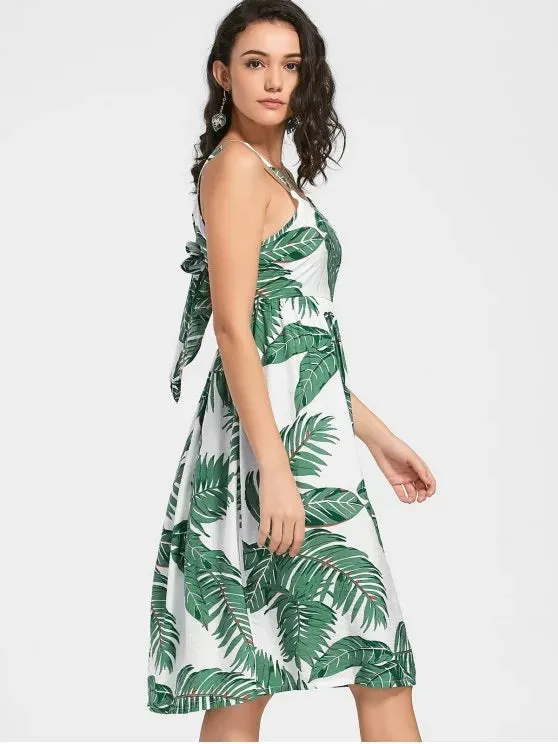 TastyHottie - Trendy Leaves Print Self Tie Cami Dress