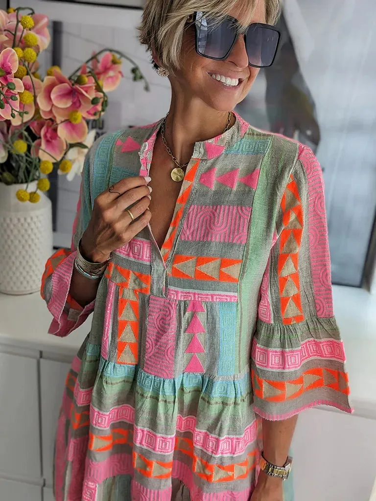 Trendy Aztec V-Neck Tunic Dress