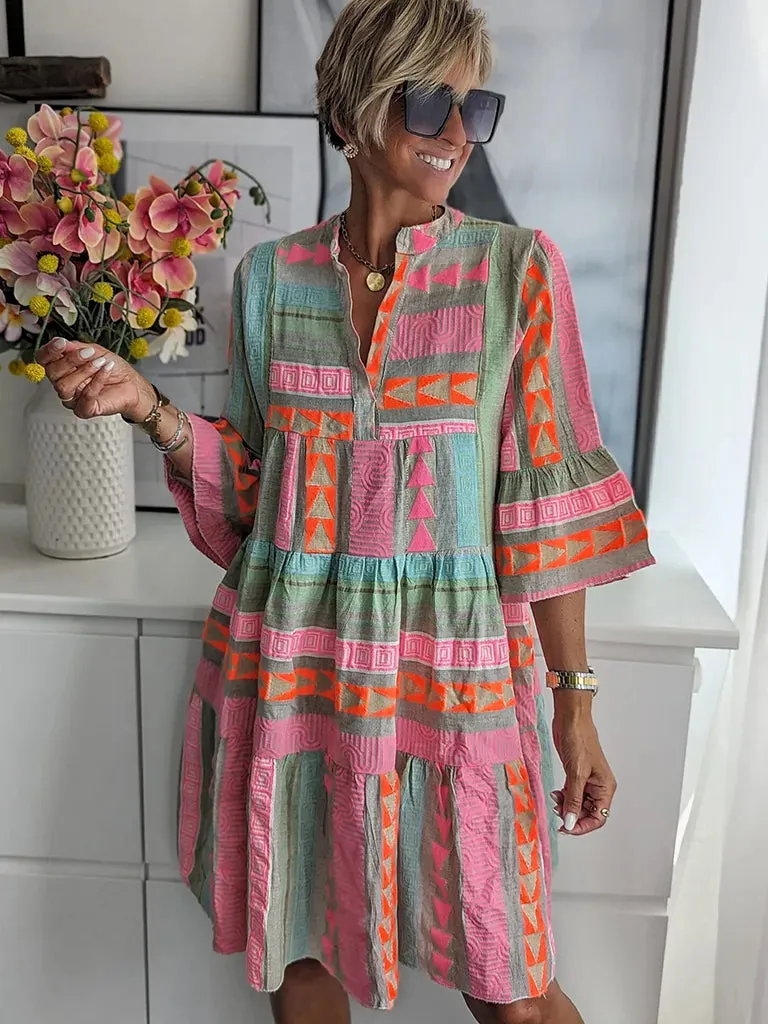 Trendy Aztec V-Neck Tunic Dress