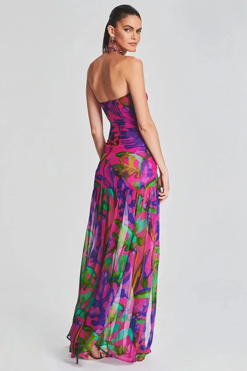 Trendy Dynamic Printed Maxi Strapless Dress