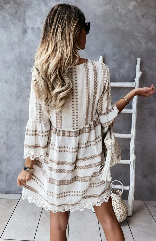 Trendy Lace Accented Dress with Geometric Print & Flared Sleeves