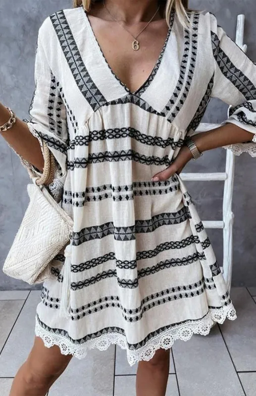 Trendy Lace Accented Dress with Geometric Print & Flared Sleeves