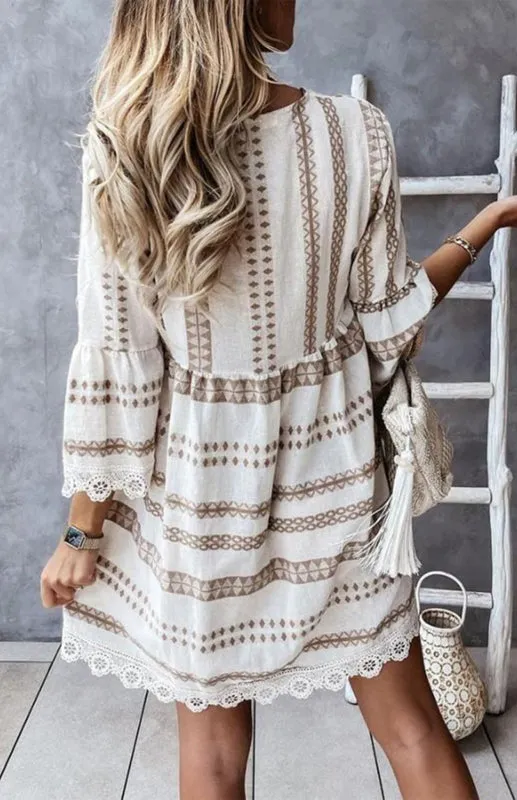 Trendy Lace Accented Dress with Geometric Print & Flared Sleeves