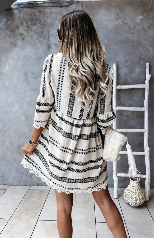 Trendy Lace Accented Dress with Geometric Print & Flared Sleeves