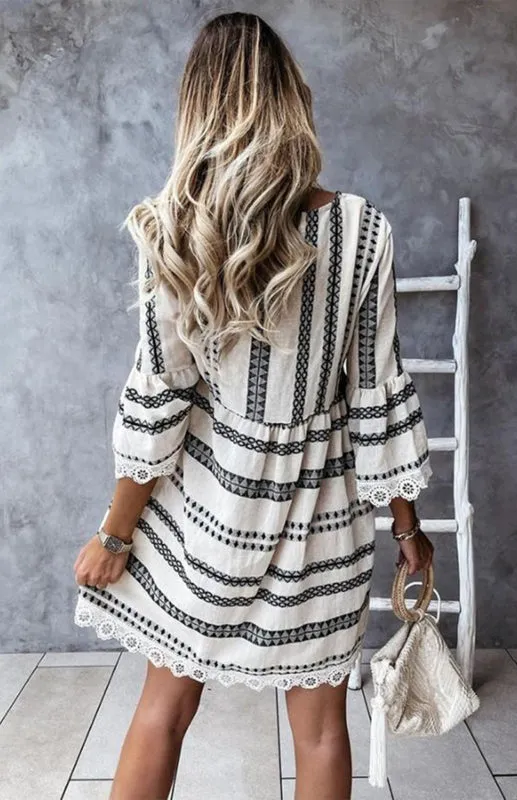 Trendy Lace Accented Dress with Geometric Print & Flared Sleeves