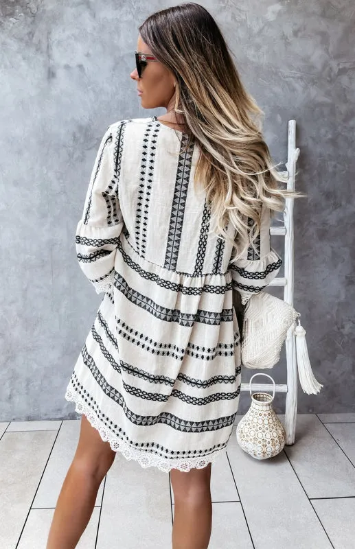 Trendy Lace Accented Dress with Geometric Print & Flared Sleeves