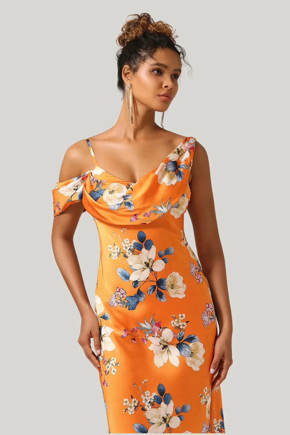 Trendy Mermaid One Shoulder Printed Orange Flower Maxi Dress