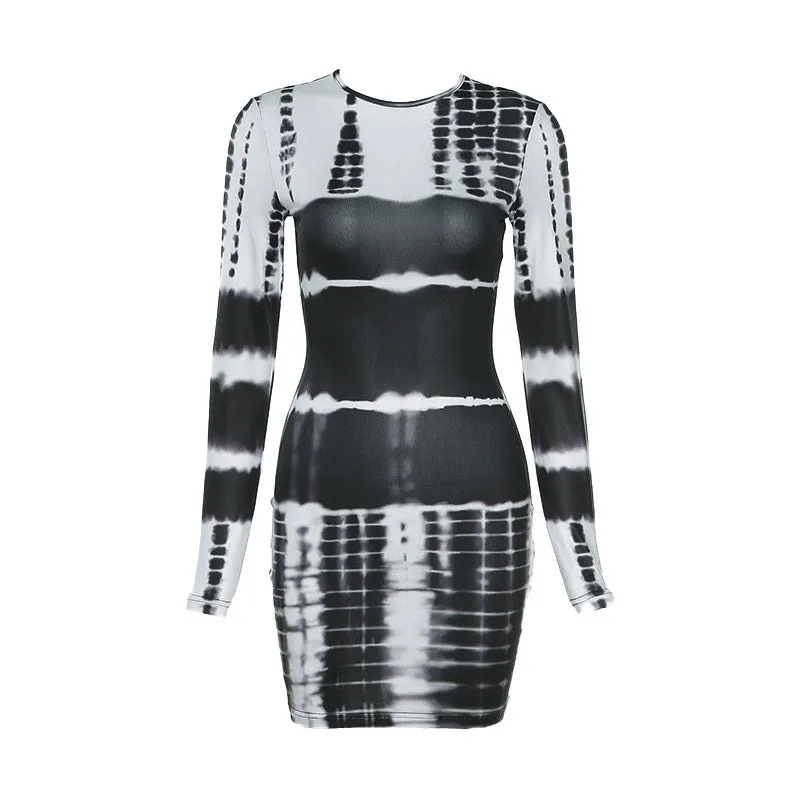 Trendy M茅lange Tie Dye Bodycon Long Sleeve Mini Dress - Black