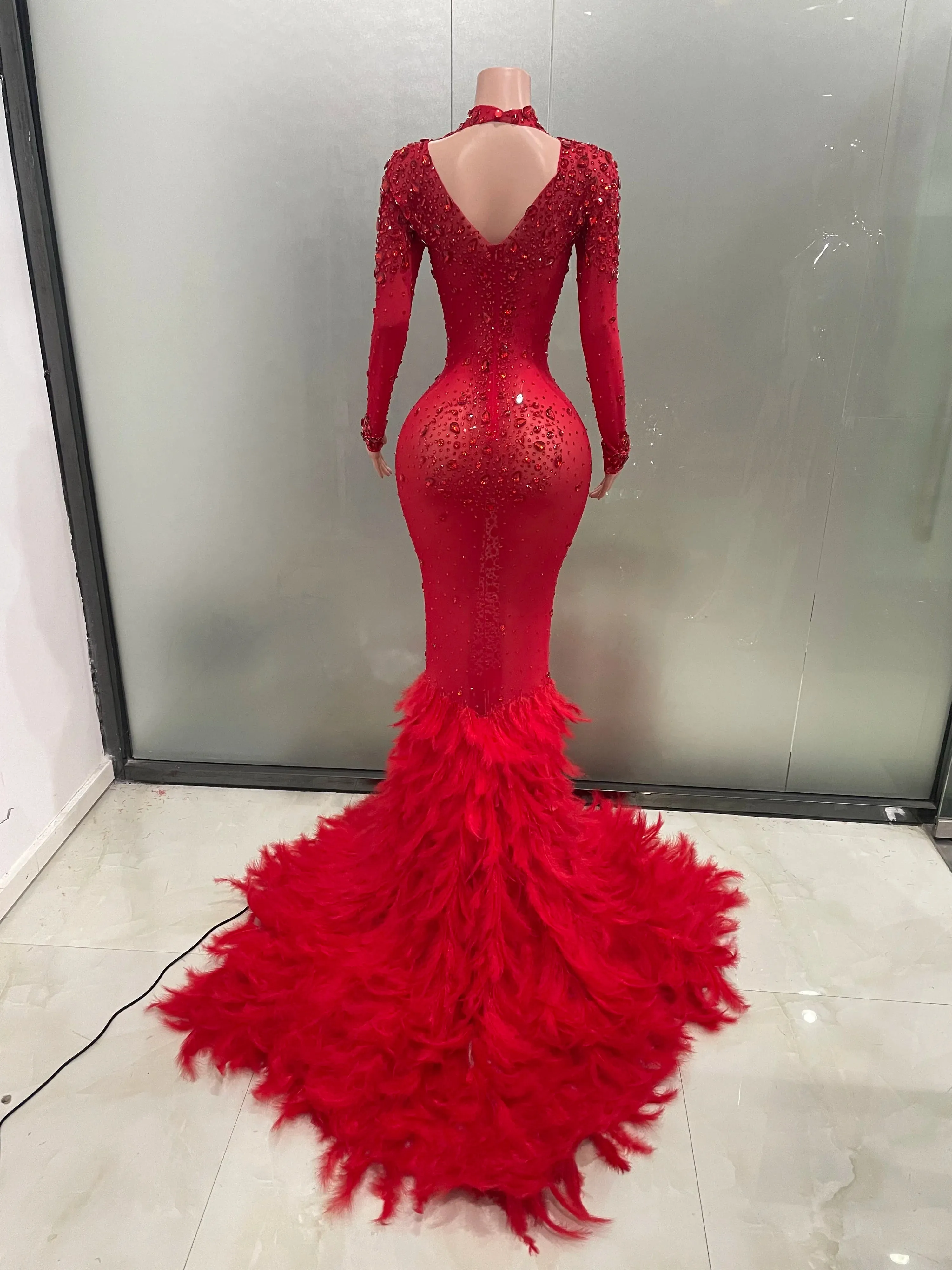 Trendy Red Crystal Feather Long Mermaid Formal Dress