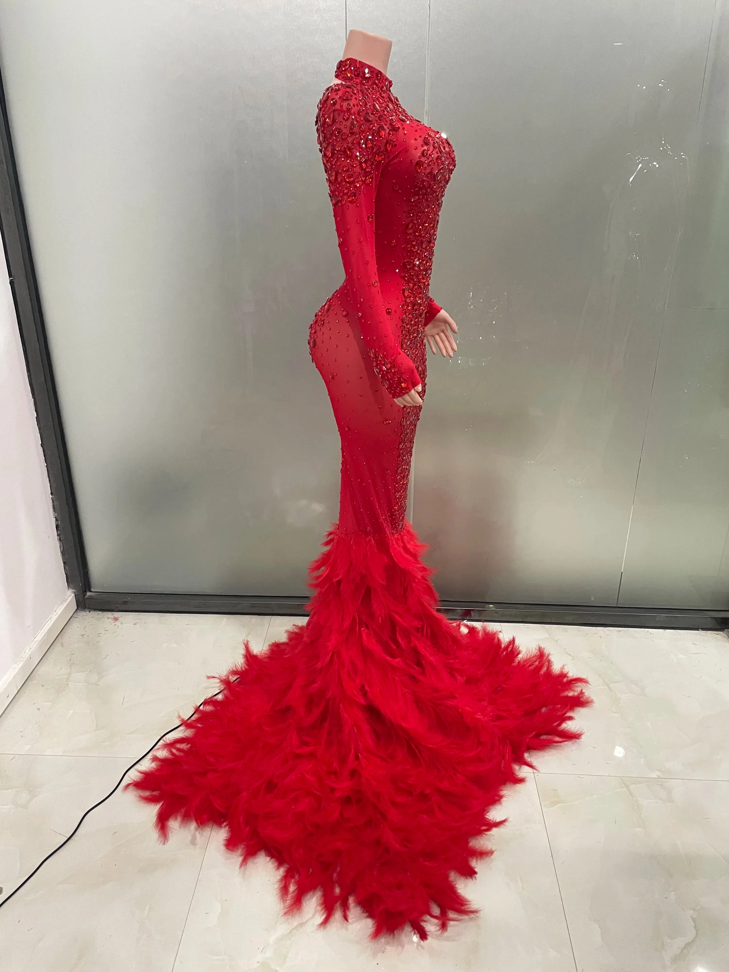 Trendy Red Crystal Feather Long Mermaid Formal Dress