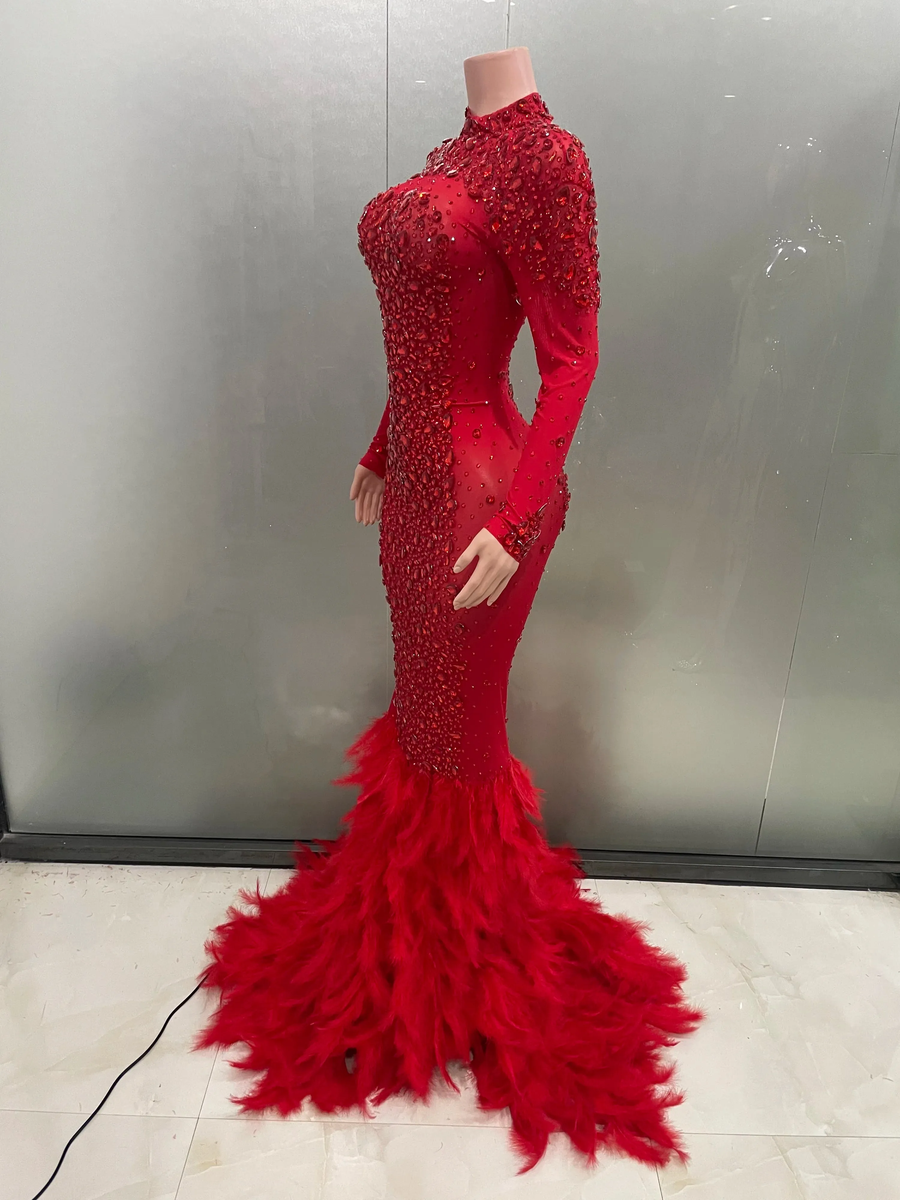 Trendy Red Crystal Feather Long Mermaid Formal Dress