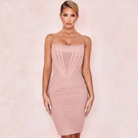 Trendy Strapless Mesh Ruched Bodycon Corset Mini Dress - Pink