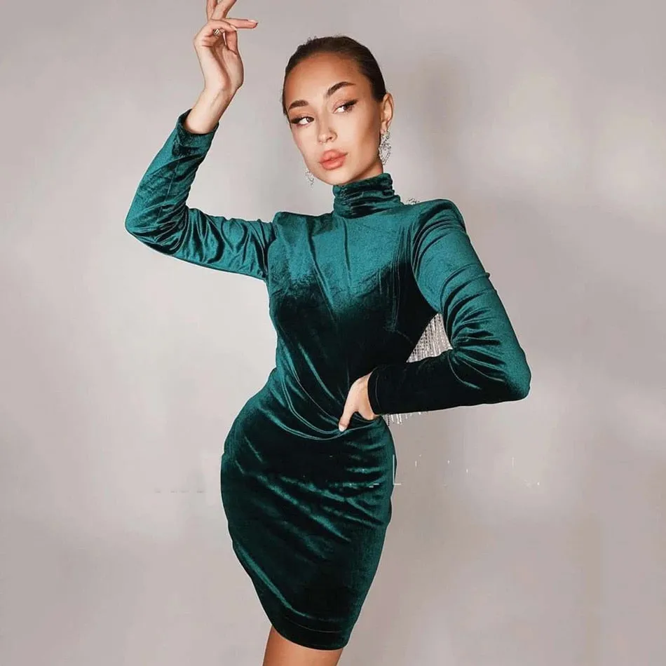 Trendy Turtleneck Long Sleeve Backless Mini Dress