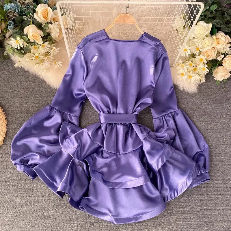 trendy women's satin lantern sleeves ruffle dress      S4520